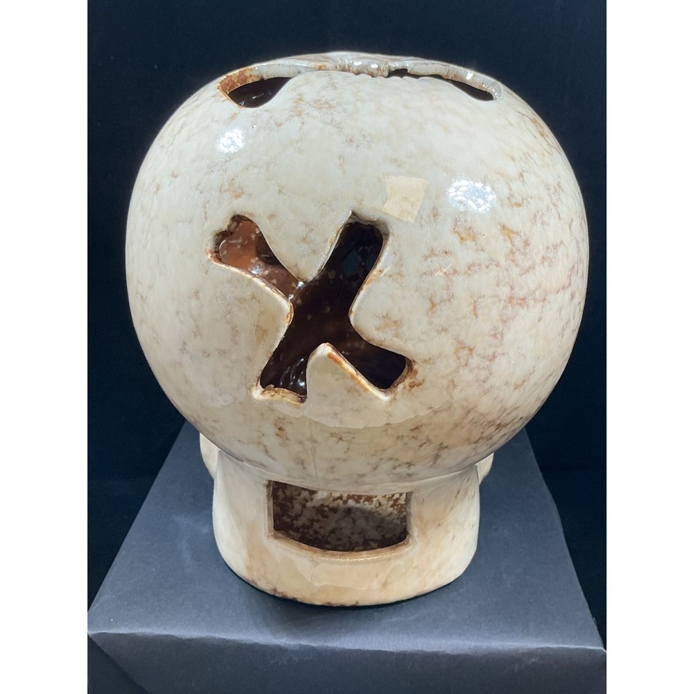 Ceramic Skull Candle Holder Halloween Decor Spider Bat Cutouts Mottled Glaze - Picture 4 of 10